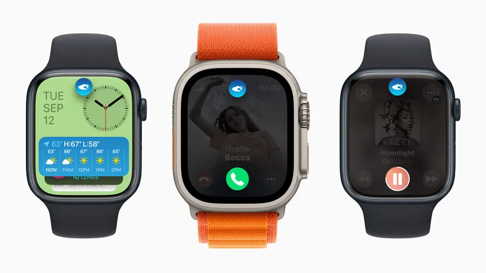 来自最新 Apple Watch 系列产品的三台设备。